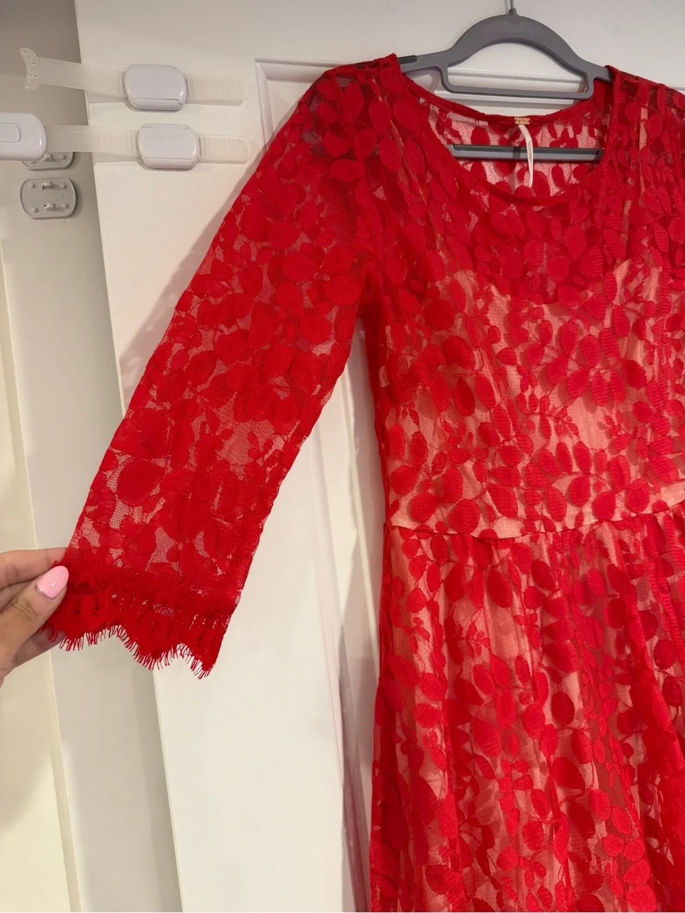 Free People Floral Lace Mesh Mini Dress Women's Size 4 Red Boho Festival